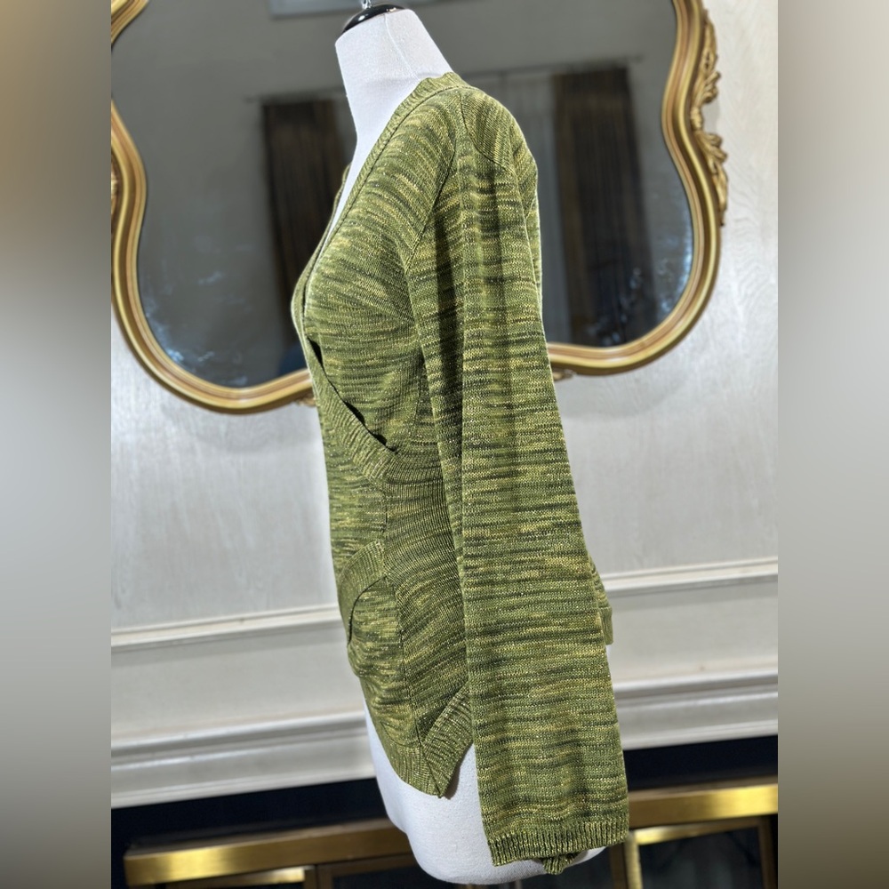 Vintage Kris‎ Tae’s Metallic Olive Green Crossover Knit Sweater Size M USA - Picture 3 of 9